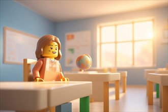 Miniature toy setting of A young girl attentively sits at a desk in a classroom, ready to learn, ai