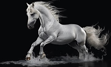 White horse with long mane running in water on black studio background AI generated