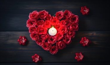 A heart made of red roses with a lit candle in the center on a dark background AI generated