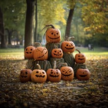 A group of Halloween pumpkins surrounded by autumnal foliage, pumpkins with personality,