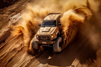 A dynamic aerial view of monster truck, with large tires, making its way off-road through rough
