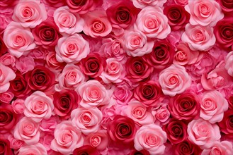 Valentine day background of close-up view of a beautiful mix of pink and red roses, symbolizing