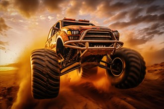 Monster truck driving outdoors amidst a cloud of dust. Thrill and adrenaline of an outdoor racing