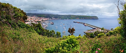 Panoramic view from Monte da Guia to a coastal town Horta with harbour and sailing boats,