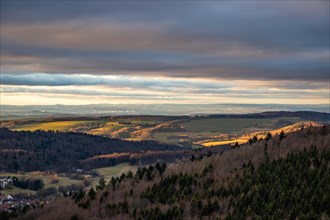 Landscape at the Grosser Zacken, Taunus volcanic region. A cloudy, sunny autumn day, meadows,