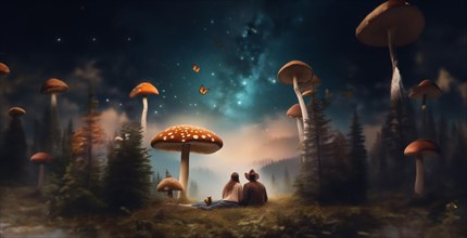 Couple resting in the forest under mushrooms, the concept of a fly agaric psilocybin trip, AI
