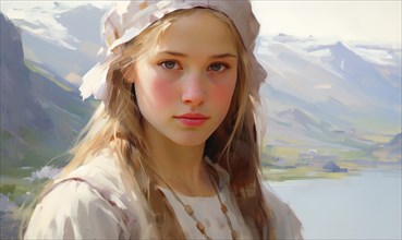 Portrait of a young girl in traditional attire with soft lighting and a mountain backdrop AI