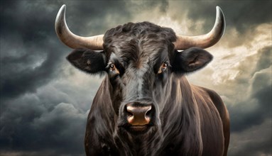 Black bull in front of a dark cloudy sky, AI generated, AI generated