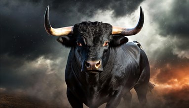 Dangerous black bull with glowing eyes in front of menacing dark clouds and fire, AI generated, AI