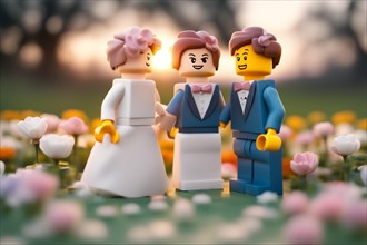 A miniature toy setting for decorative cake topper featuring a miniature bride and groom, perfect