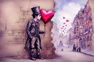 A heartwarming drawing of a boy wating around the corner with a heart shaped balloon, waiting his