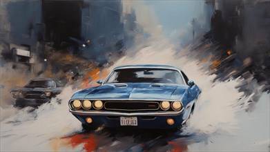 A captivating painting of a blue american 1970s muscle vintage retro car drive down bustling