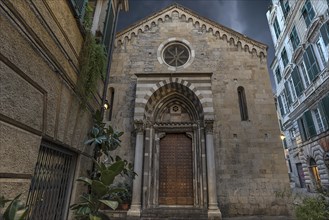 Main facade of the church of San Donato, 12th century, Via S. Donato, 10, in the centre of Genoa,