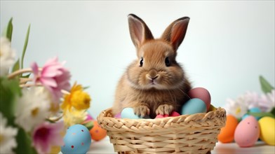 A brown rabbit nestled in a basket with pastel Easter eggs and flowers AI generated