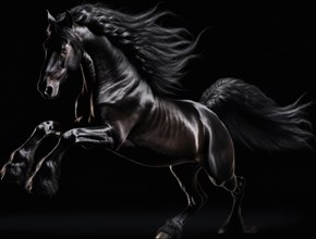 Beautiful black stallion with flying mane on black studio background AI generated