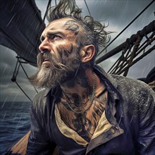 Older sailor with a full grey beard and many tattoos, sails with his wooden boat in the rain and