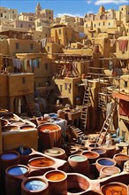 Drone view of the Chouara tannery, Fez, Morocco, AI Generated, AI generated, Africa