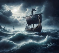 Dragon boat, Viking ship of the Vikings on the stormy sea, AI generated, AI generated