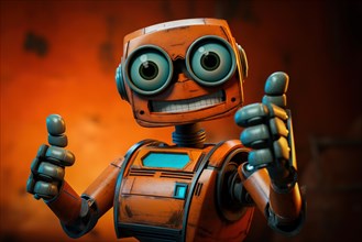 Orange robot showing a thumbs up gesture. The friendly robot has big round eyes and a friendly