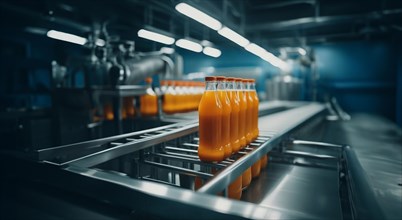 Production of juice from fruits and berries at the factory, conveyor with bottles of juice, AI