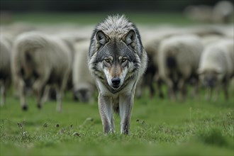 A gray wolf (Canis lupus) in focus stands in front of a flock of sheep in a green field, AI
