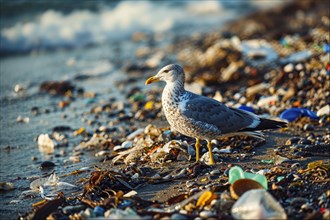 A seagull (Larinae) stands on a polluted beach surrounded by plastic waste and algae, AI generated,