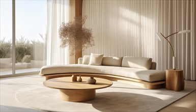A serene and modern living room with a beige sofa, round coffee table, and natural light filtering
