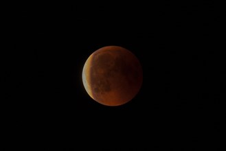 Full moon partially in the Earth's shadow with reddish colouring in dark space, Haan, North