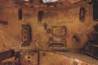 Interior view of a rusty tank with carved name, M41 Bulldog, Lost Place, Brander Wald, Aachen,