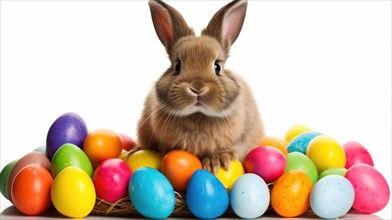 Chocolate-colored rabbit surrounded by colorful Easter eggs AI generated
