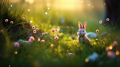 Cute little rabbit on a meadow with dandelions at sunset AI generated