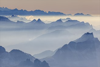 View of mountain range, haze, backlight, autumn, view from Saentis to the Bernese Alps, Appenzell,