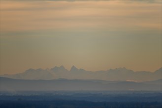Silhouette of the Alps, seen from the Vosges mountains 200 km away. Bas-Rhin, Alsace, Grand Est,