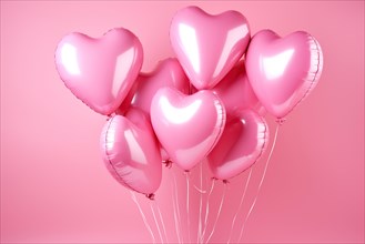 Bunch of glossy pink heart-shaped balloons against a soft pink background, perfect for Valentine
