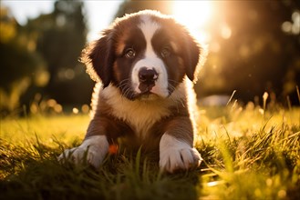 A curious cute Saint Bernard puppy with expressive eyes and floppy ears, exploring the outdoors on