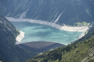 Dam, dam wall of the Schlegeis reservoir, reservoir lake with turquoise blue water, Zillertal Alps,