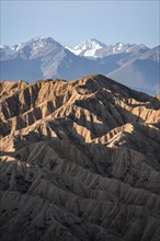 Canyons, mountains of the Tian Shan in the background, eroded hills, badlands, Valley of the