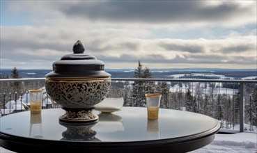 An elegant soup bowl with a view of snow-covered trees in monochrome tones AI generated