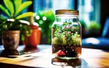 Bottle garden, mini biotope, eco system in a jar on a windowsill in a city flat, AI generated,