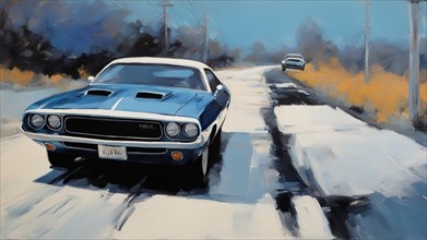 A captivating painting of a blue american 1970s muscle vintage retro car drive down country road on