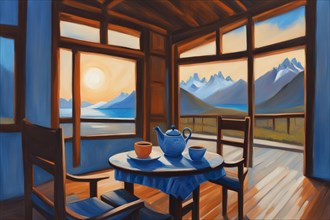 Painting capturing two cups of tea on a table on a terrace face beautiful waterfront landscape,