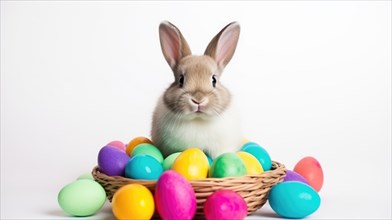 A rabbit sitting in a basket with pastel-colored Easter eggs AI generated