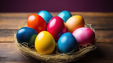 A nest-like basket filled with multicolored Easter eggs on a wooden surface with a purple backdrop