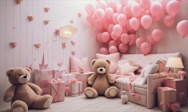A bedroom adorned with pink balloons, teddy bears, and gift boxes creating a festive atmosphere.