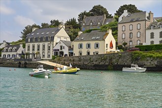 Bay with Doelan harbour and boats, Clohars-Canoet, Finistere, Brittany, FranceHarbour with quay
