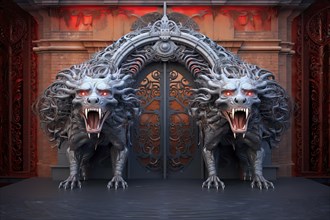 Cerberus guarding the gates of the underworld in the Greek mythology, AI Generated, AI generated