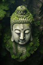 Aerial view of a Giant Buddha head surrounded by an Asian tropical forest, AI Generated, AI