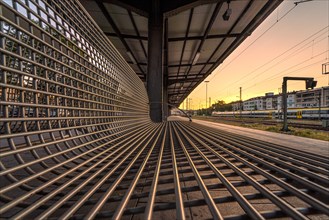 Perspective view of a grille at the railway station at dusk, Pforzheim, Germany, Europe