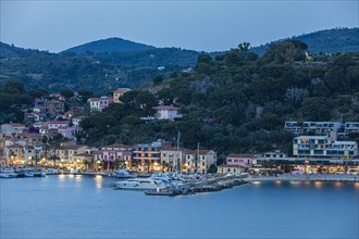 The marina of Porto Azzurro in the evening light, Elba, Tuscan Archipelago, Tuscany, Italy, Europe