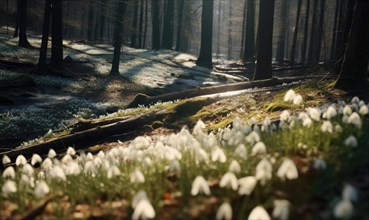 Carpet of snowdrops covering the forest floor with soft sunlight AI generated